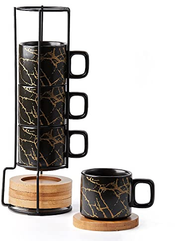 LUKA Porcelain Espresso Cup with Saucer and Metal Stand, 4 Ounce Stackable Ceramic Demitasse Espresso Mugs Cups Set for Latte,Coffee,Cafe Mocha,Tea(Set of 4)