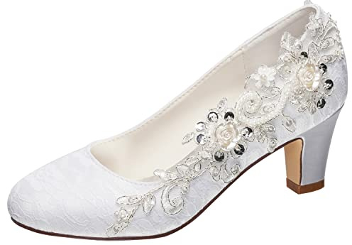 Emily Bridal Zapatos de boda para mujer de satén similar a la seda, tacón grueso con costuras de encaje, flor de cristal perla