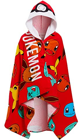 Pokemon Kapuzenhandtuch aus 100% Baumwolle Kinderponcho Pokeball Pikachu Strandhandtuch Badetuch Schwimmwickel Wickelumhang, Rot