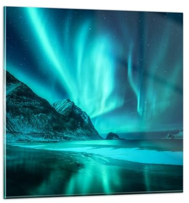 Moderne Impression sur Verre 70x70cm Image Tableau en Verre Decoration Murale Paysage Pôle Nord Aurores Boréales Grand Tableaux Decoratifs Muraux Chambre Carré Deco Cadre Salon Art GAC70x70-5321