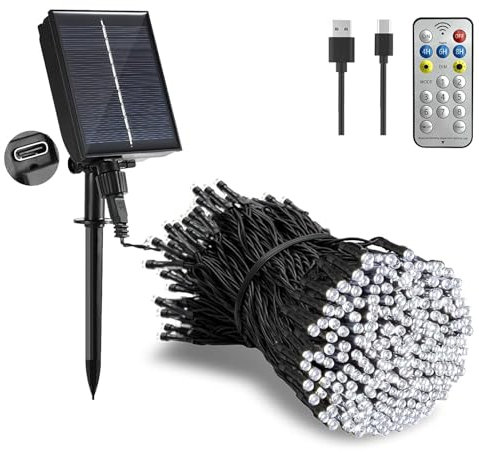 Tacobey Solar Christmas String Lights Outdoor Garden - 65Ft/20m 200 LED Solar Fairy Lights Waterproof with Remote, 8 Modes, Decorative Lighting for Garden Outdoor - Cool White