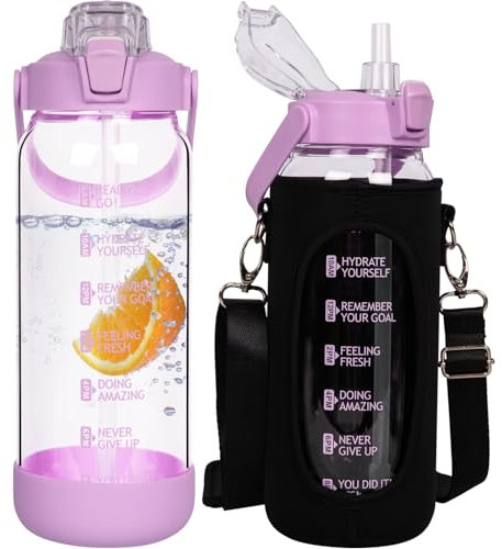 Seekua 1.5l Glasflasche | Trinkflasche Glas mit Strohhalm & Zeitmarkierung, Auslaufsicher 1.5 liter Große Wasserflasche Glas für Smoothie, Kohlensäure Geeignet, Spülmaschinenfest