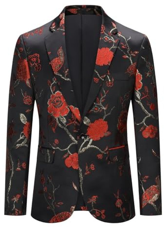 YOUTHUP Mens Embroidery Blazer Slim Fit Flowery Suit Jacket Stylish Floral Tuxedo Jackets,Red Black-607,XXL