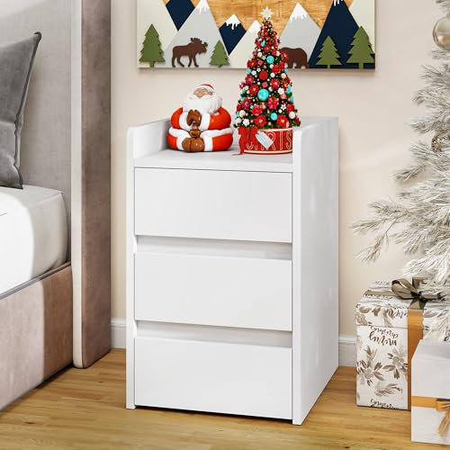YITAHOME Mesita de Noche de 3 Cajones, Mesita de Noche con Estación de Carga, 2 Puertos y Tomas USB, Mesa Auxiliar Impermeable para Salón y Dormitorio, 35 x 40 x 60 cm (Blanco)
