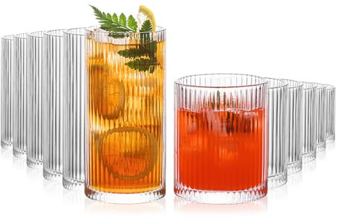 INSETLAN Lot de 12 verres nervurés – 6 verres Highball de 355 ml, 6 tasses en verre de 414 ml, verres à cocktail vintage, parfaits pour le vin, le jus, l'eau, le café glacé, le whisky, les boissons