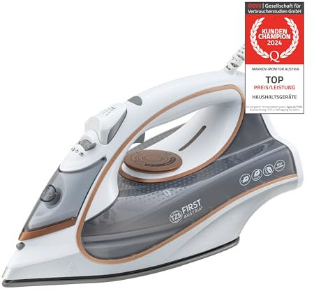 TZS First Austria Dampfbügeleisen I 2800-3200W I Keramiksohle I Selbstreinigung I Vertikaldampf I Anti-Kalk I Trockenbügeln I 0,45l Wassertank I 1.3kg | weiß