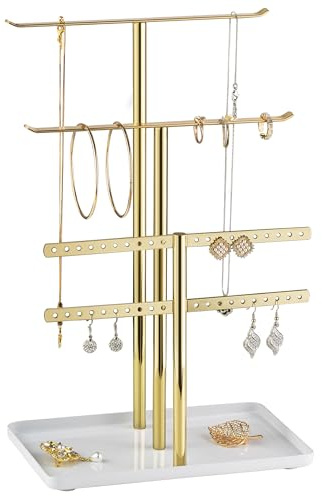 pickpiff Jewelry Stand Holder Organizer: 12.5 Sturdy Hanger for 80 Pcs Jewelry, Jewlery Tower for Display Necklace, Earring, Bracelet, Watch, Mirrored Gold