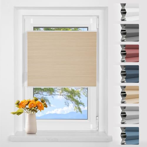 Verdunklungsplissee Wabenplissee ohne Bohren Weiß-beige 70x120cm(BxH) Thermo Plissee ohne Bohren Verdunkelung Zweifarbig 100% Blickdicht Sonnenschutz & Schallschutz Plisseerollo Klemmfix