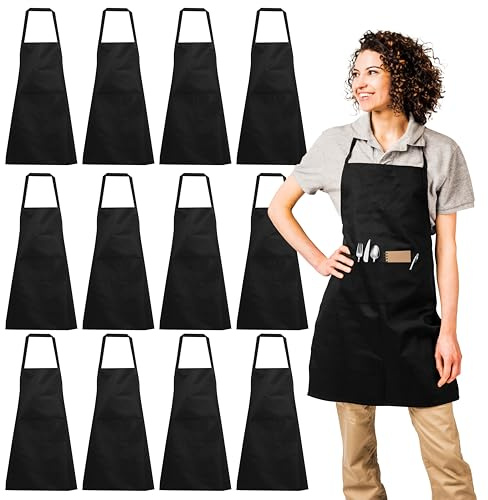 Aramanara 12 Pack Aprons for Chef, Black Cooking Aprons for Women, Men, Waterproof Adjustable Apron with 2 Pockets, Long Chef Apron for Kitchen, Restaurant, Home, Barbecue