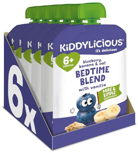 Kiddylicious Bedtime Blend Blueberry, Banana & Oat Fruit Pouches - Suitable for 6+ Months - 6 Pack