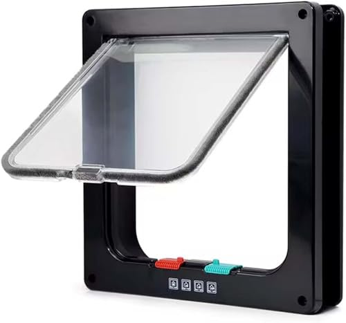 MiniGlypture Puerta para gatos, 4 vías con bloqueo, puerta para mascotas, puerta para animales (Negro, L)