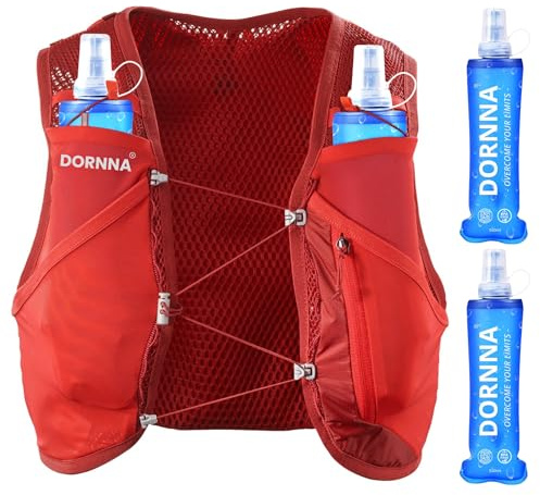 DORNNA Light Edition V1 – Zaino Trail Running + 2 borraccia mórbida 500 ml Senza BPA, Run Vest con Soft Flask, Gilet Trail Running Uomo e Donna. (Rosso, XS-S)