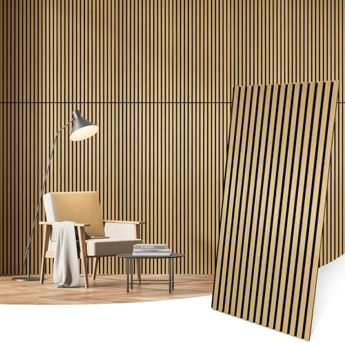 Laceskyso Wood Panels for Wall Acoustic Slat Wall Panels 4-Piece 47.2×23.6 3D Fluted Sound Absorbing Panel for Interior Wall Decor and Ceiling - Oak