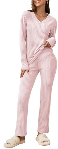 outfit spring Pigiama Donna 2 Pezzi Canelé Completo Loungewear Invernale con Maglia a Maniche Lunghe Collo a V e Pantaloni Larghi con Tasche Abbigliamento da Casa Morbido e Caldo S-2XL M Rosa