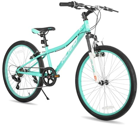 Hiland Mountain Bike 24 Inch, 7 Speed Boys Girls Mountain Bicycle with Suspension Fork V-brakes, 24 Inch MTB Mountian Bike for Kids, Mint Green