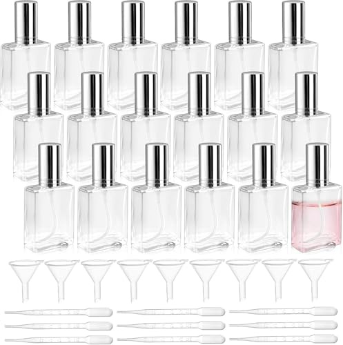OGMBI Set di 18 vaporizzatori per profumo, 15 ml, spray da viaggio riempibile, flaconcini quadrati vuoti con 9 imbuti e 9 pipette per olio profumato