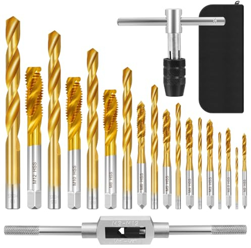 21PCS Métriques Forets et Tarauds, Jeu de Tarauds à Filetage avec 9 Tarauds M2-M12, 9 Forets Hélicoïdaux 1,5-10mm, 2 Clés à Taraud et 1 Petit Sac en Cuir, Kit Taraudage pour Bois, Plastique et Métal