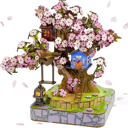 Puzzle 3D para adultos, casa de árbol de Sakura, modelo en miniatura, juego de construcción, rompecabezas 3D para adultos, para construir, modelo de madera, kit de construcción para el hogar y