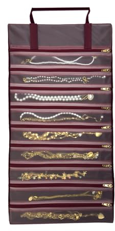 UnionPlus Velvet Jewelry Roll Organizer, 9/11 Grids – Travel Jewelry Case with Zippered Compartments for Necklaces – Compact Portable Jewelry Storage, Burgundy