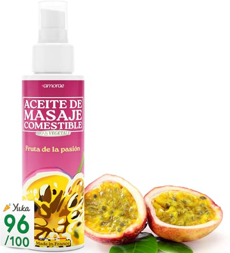 AMORAE Aceite de Masaje Erótico Sexual Comestible Fruta de la Pasión 100ml – Aceite Masaje Sensual Parejas Adultos con Argán – Sabor Pasión Gourmet – Lubricante Íntimo Relajante Deslizamiento Óptimo