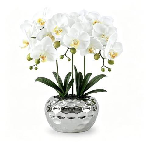 PlusFive Orchidea Finta Realistica Bianca 47 cm, Orchidee Finte, Orchidee Artificiali con vaso, Fiore di Orchidea Artificiale, Pianta Finta da Interno, Regalo Inaugurazione Casa, Soggiorno e Ufficio