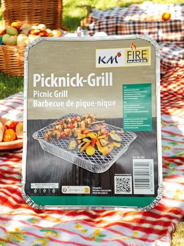 KM Firemaker Barbacoa desechable – Paquete de 12 – Con 450 g de carbón vegetal y papel de encendido – Listo para usar al instante para picnic, camping y barbacoas – Parrilla de picnic instantánea Art