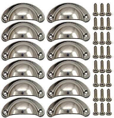 BOZONLI 12 × Poignée de Coquille Vintage pour Tiroir Armoire Meuble Cuisine, Alliage Fer-nickel Demi Lune Bouton de Meuble Bouton de Porte de Placard 8,1 cm x 3,5 cm Nickel Brossé