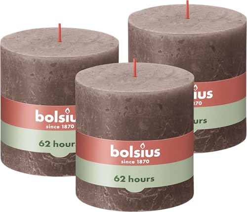 Bolsius - Rustik Vela XXL – Taupe – 3 unidades – 10 x 10 cm – Velas decorativas para el hogar – Duración de combustión 62 horas – sin perfumar – Cera vegetal natural – Sin aceite de palma