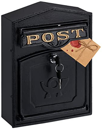 Relaxdays Briefkasten Retro, Goldener Post-Schriftzug, HBT: 31,5 x 23 x 9 cm, nostalgischer Postkasten, Aluguss, schwarz