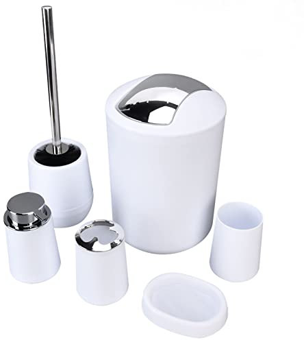 Juego de 6 uds de accesorios de baño Kit escobilla baño dispensador de jabón contenedor de basura soporte para cepillo dientes bandeja de jabón taza de enjuague bucal para regalo ina(Blanco)