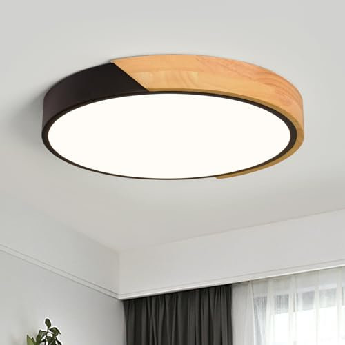 Qamra LED Deckenleuchte, Deckenlampe 30cm, Schwarz Deckenleuchte, Moderne Lampe Holz für Wohnzimmer Schlafzimmer Küche Esszimmer Flur 4000K