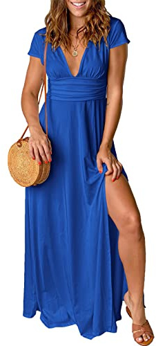 QUNERY Abiti Donna Estivi Casual Vestiti Lunghi Donna Estivi Manica Corta Vestito Donna Elegante Scollo a V Linea ad A con Spacco Maxi Abito Blu L