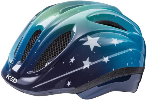 KED Meggy II Trend | Kinder Fahrradhelm Insektenschutznetz Integriertes LED-Rücklicht maxSHELL Technologie, Stars Blue Green, 52-58 (M)