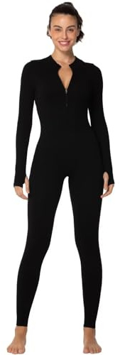 Sunzel Long Sleeve Jumpsuits for Women, Ribbed One Piece Casual Yoga Workout Zip Front Bodysuits, Legging Fit & Thumbhole 28 Inseam Black Medium