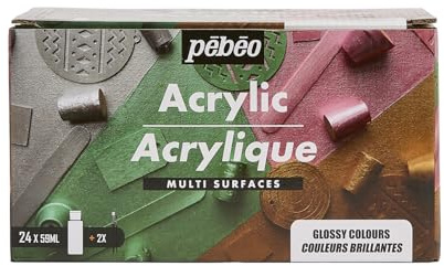 Pébéo - Acrílico Multi Superficies - Set 24 Frascos 59ml Colores Brillantes Surtidos + Accesorios - Kit de Pintura Acrílica para Artista y Principiante - 2 Pinceles - Colores Luminosos y Opacos