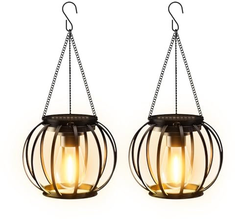BUCASA Lanterne Solari da Esterno, 2 Pezzi Metallo Lampada Solare da Giardino con Lampadina LED, IP65 Impermeabile Luci Solari Decorazione Giardino per Terrazza Prato Balcone (Cerchio nero, 2)
