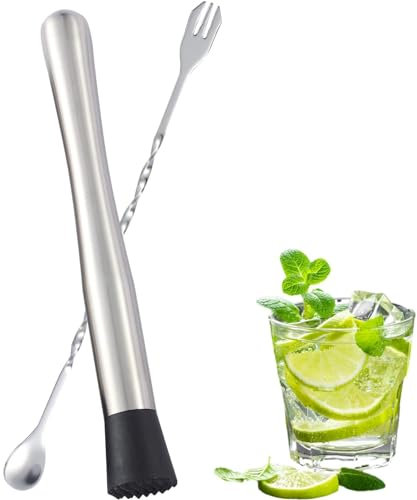 Stainless Steel Cocktail Muddler,10 inch Stainless Steel Cocktail Muddler with 1 Mixing Spoon,for Making & Creating Delicious Mojitos, & Other Fruit Based Drinks & Beverages in Various Containers