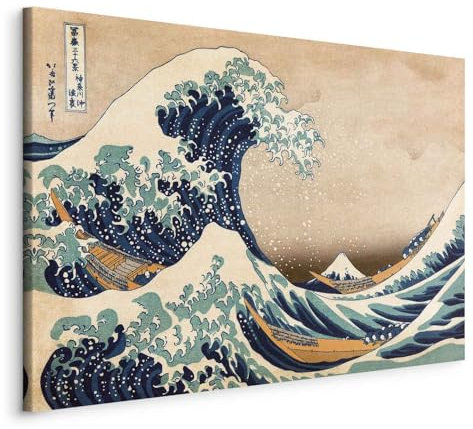 B&D XXL - Wandbilder XXL die große Welle vor Kanagawa 60x40 cm 1 tlg Wand Deko Leinwand Bilder Groß Bild Wanddeko Wohnzimmer Schlafzimmer Kunstdrucke Art - Katsushika Hokusai wie gemalt p-B-0009-b-a