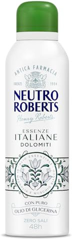 Neutro Roberts, Deodorante Spray Dolomiti, Senza Sali di Alluminio, Zero Macchie, con Olio Essenziale di Magnolia e Muschio Bianco, Con Puro Olio di Glicerina, Deodorante Donna e Uomo, 200 ml, 48h