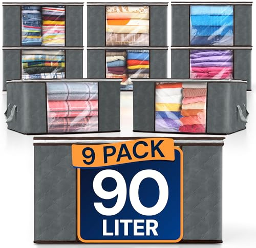 Reli. 90L Large Clothes Storage Bags (9 Pack) Closet Organizers and Storage Containers | Foldable Bins with Lids & Handles | Large Bins for Towels, Comforters, Blankets | Grey