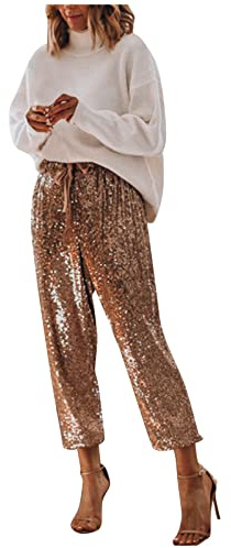 Pantalon à paillettes pour femme - Pantalon long doré à paillettes - Pantalon long pour fête - Pantalon baggy à paillettes - Pantalon de jazz - Taille haute - Pantalon hippie - Pantalon bouffant avec