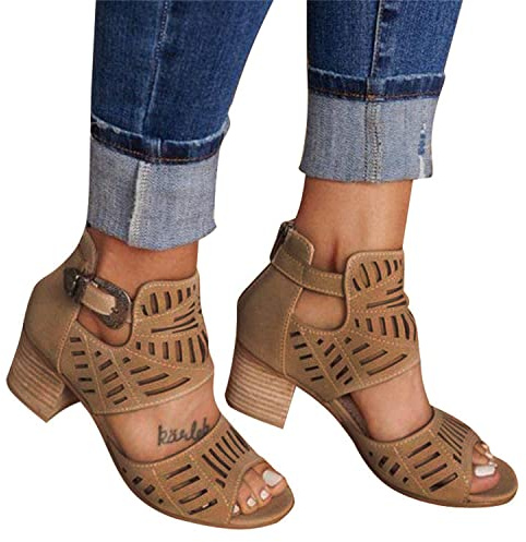 tinbarry Sandales à talons blocs pour femmes bottines découpées à bout ouvert sandales de gladiateur chaussures d'été