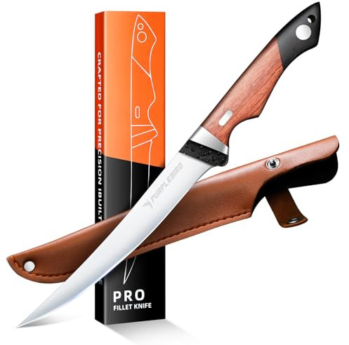 PURPLEBIRD 18CM Filetiermesser für Fisch mit Scheide, 440C Edelstahl Fischmesser zum Schneiden von Fleisch mit Holzgriff, Filetiermesser Fisch Küche & Outdoor zum Fischen, Grillen, für Männer
