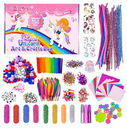 Allerion Unicorn Arts & Crafts Kit for Kids – 1000+ Pieces with Glitter, Pom Poms, Stickers, Sequins, Feathers & More – DIY Craft Supplies Set for Girls & Boys Ages 4–12