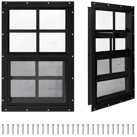 COLORPAPA 2 Pack Shed Windows,12 x 18 Small Sliding Windows,Flush Mount Windows with Tempered Glass and Fiberglass Screen for Shed, Chicken Coop, Playhouse, Household, Garage, Barns (Black)