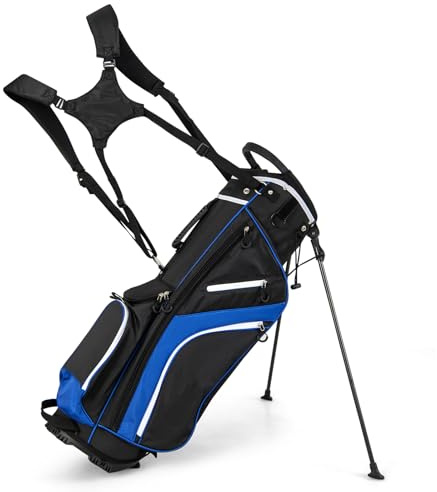 GYMAX Golf Stand Bag, 14 Way Golf Bag with 6 Pockets, Dual Shoulder Strap and Rain Hood, Lightweight Portable Golf Clubs Bag for Men Women (Blue)