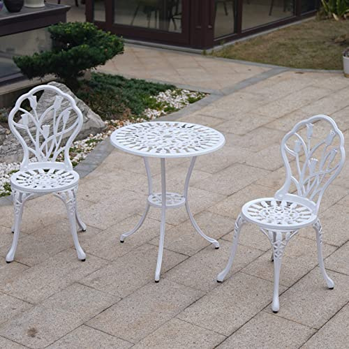 TangXiaoQi Juego de muebles de jardín de 3 piezas, juego de tabernas de aluminio fundido, color blanco, 2 sillas con diseño ornamental y 1 mesa, para balcón y terraza (blanco tulipán)