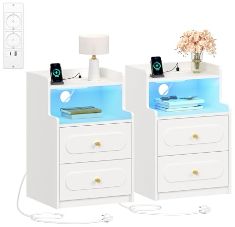 HEXCELEN Table de Chevet Lot de 2 avec Lumière LED et Multiprise, Table de Nuit avec 2 Tiroirs et 1 Compartiment Ouvert, Tables d'appoint avec Rangement, pour Chambre à Coucher, Salon, Moderne, Blanc
