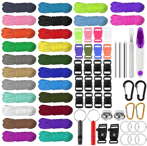 26 stycken paracordarmband, 3 m paracord-rep, 550, flerfärgade, parachute-snöre, band-kit med spänne, paracord, fästlås för gör-det-själv armband, hundkoppel, nyckelknippa