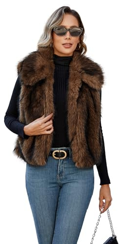 FIOPHY Womens Faux Fur Vest Lapel Collar Sleeveless Open Front Cardigan Top Fuzzy Coats Jacket Fluffy Outwear with Pockets Coffee XL